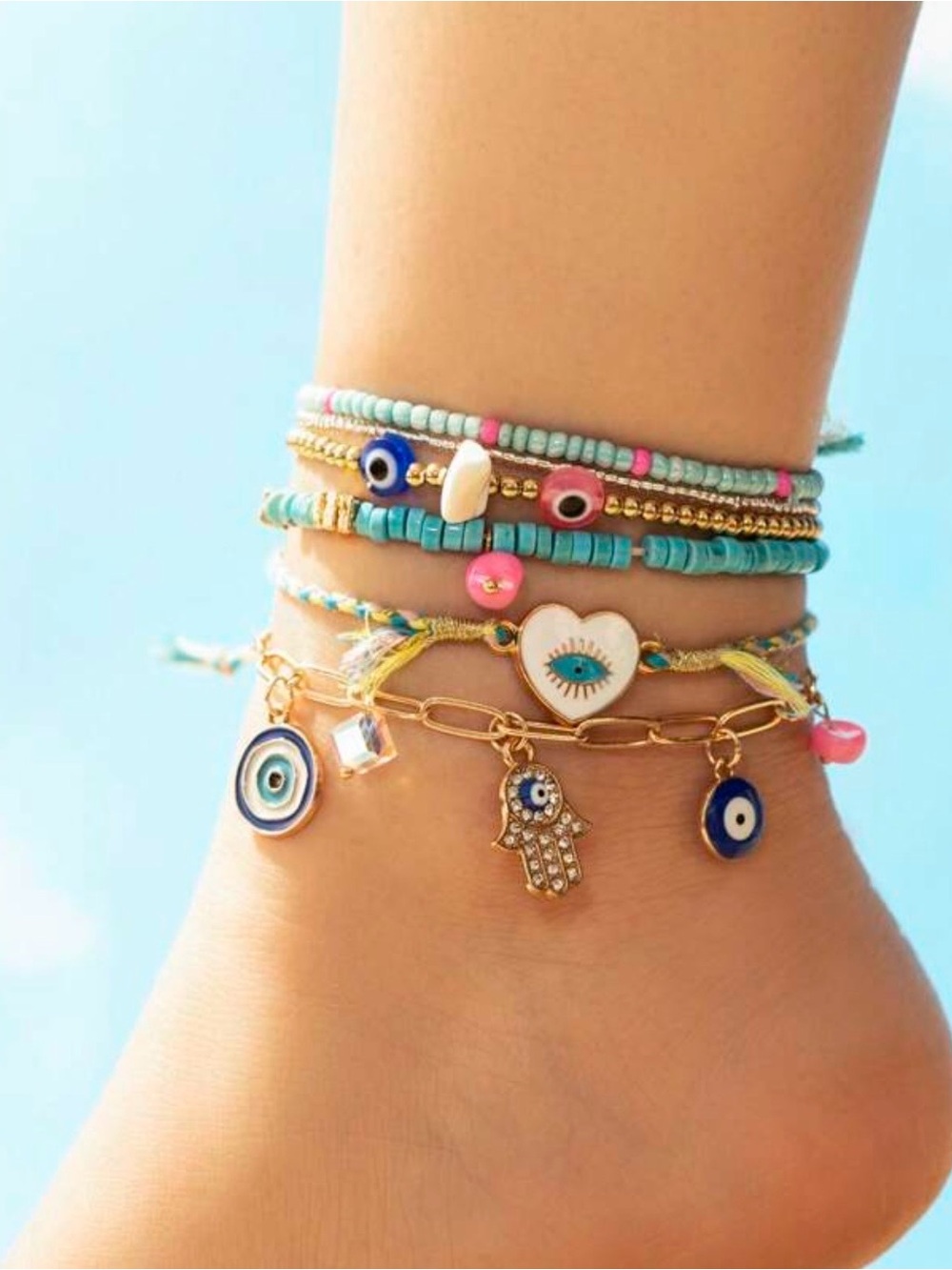 Layered Turquoise & Pink Evil Eye Anklet Set